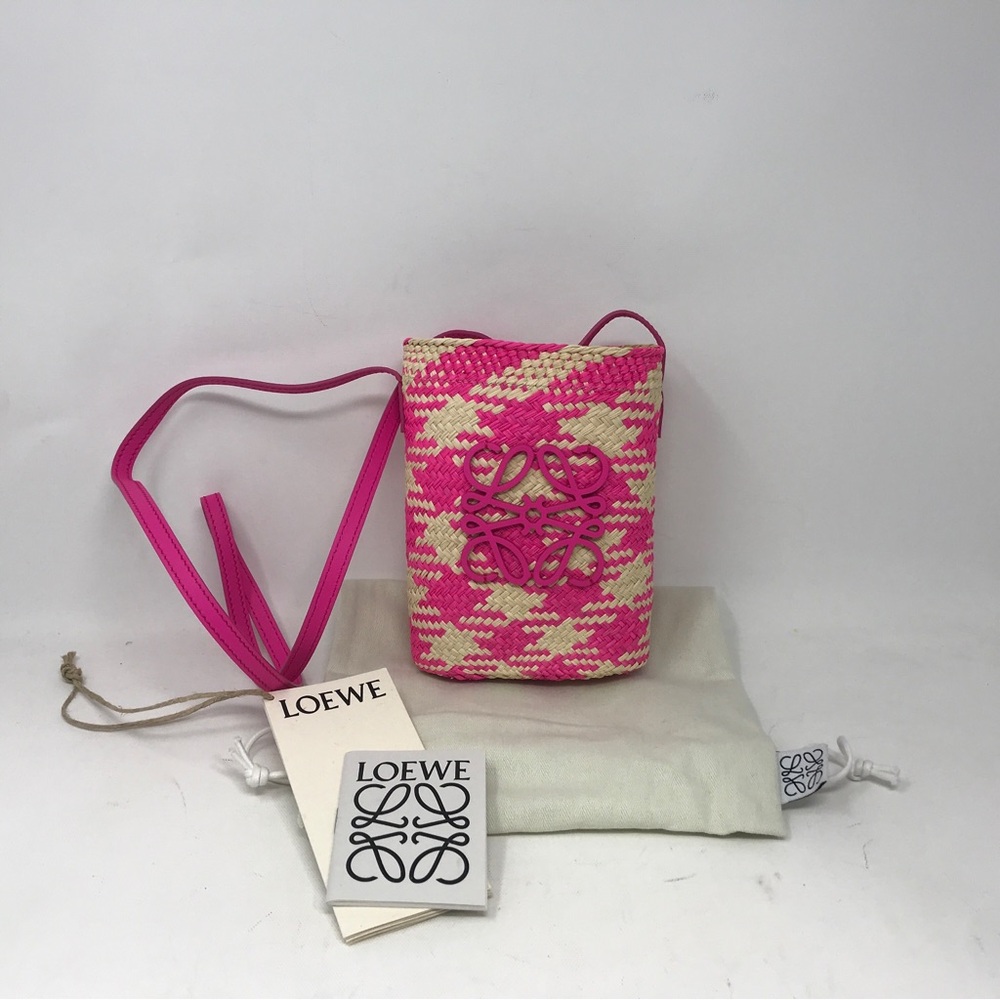 Loewe Raffia Anagram Bucket Bag, OS - Natural/Fuchsia - Pink